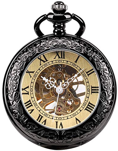 ManChDa Taschenuhr – Skelett-Taschenuhr, mechanisch, Lupe, spezieller Deckel, römische Zahlen, Fob Armbanduhr für Herren, mit Kette + Geschenkbox