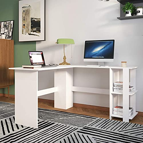 sogesfurniture Mesa de Ordenador Escritorio de Esquina en Forma de L, 136 x 130cm PC Escritorio de Oficina, Mesa de Estudio, Estación de Trabajo con 2 Estantes, Blanco BHEU-XTD-SC01-WW