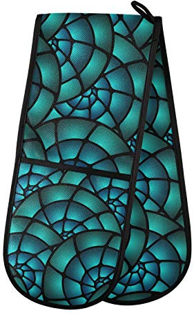 Moyyo Oven Glove Turquoise Geometric Spiral Double Oven Glove Heat Resistant Kitchen Oven Mitt with Soft Quilted Cotton Lining Filling Pot Holders for Basking Cooking Pizza Microwave