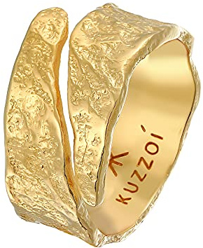 Kuzzoi Anello da uomo in argento sterling 925 lavorato artisticamente, struttura strutturata, anello in oro massiccio placcato di oro su argento, martellato, misura 64
