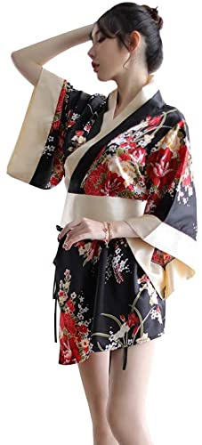 HNYBD Vestaglia da donna giapponese Kimono sexy tradizionale Lingerie Yukata Costumi da donna Pigiami, Nero , Taglia unica