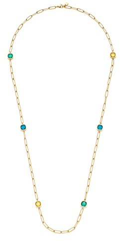 Leonardo Juna Halskette aus Edelstahl 1 Stück, goldfarbene lange Gliederkette mit facettierten Glassteinen blau grün gelb, Damenschmuck, 021752
