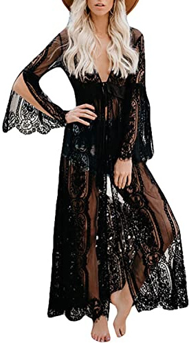 Orshoy Damen Sexy Spitze Kimono Cardigan Bikini Cover Up Sommer Strandpocho Kaftan Strandkleid Sommer Bademode Spitze Negligee Nachtwäsche