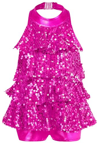 Yhong Kids Girls Dance Dress Shiny Sequin Salsa Samba Mini Unitard Latin Jazz Costume Dancewear Rose 15-16 Years