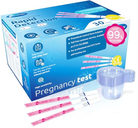 HEAL-CHECK 30 Count Pregnancy Tests with Cups, Bulk Pregnancy Test Strips for Detection at Home, Over 99% Accuracy, Individually Wrapped Fertility Tests, Extra-Wide 5mm HCG Tests, Pruebas De Embarazo
