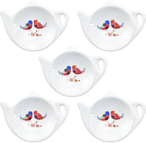 Bicuzat Floral Flower and Birds Tea Bag Holder Tea Porcelain Accessories Teapot Shaped Tea Bag Coaster Resting Caddy Saucer 4 Inch/10cm-Red Birds-Set of 5