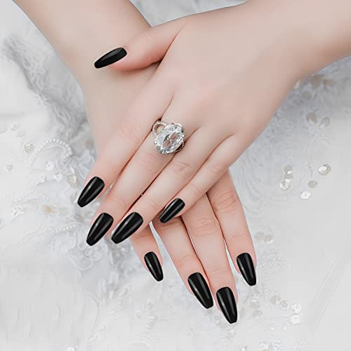 Cobee Solid Color Press on Nails, 24Pcs Coffin Fake Nail Glossy Tapered Shape Medium Length Full Cover Ballerina Removable Wear False Nails for Women and Girls Nail Art DIY Set(Black)