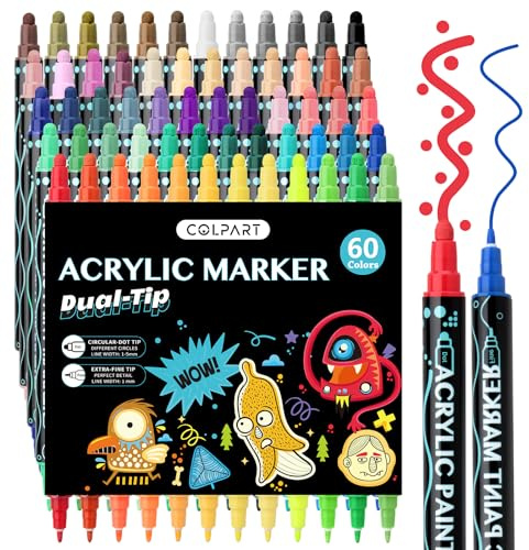 colpart Acrylfarbe Marker, Acrylfarbe Stifte Paint Marker, 60 Farben Dual Tip Paint Stifte mit mittlerer Spitze und Pinsel