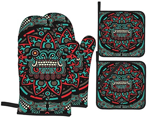Potholders Aztec Native American Tribal Art Novelty Oven Mitts And Pot Holders Waterproof Baking Gloves For Cooking Birthday Baking
