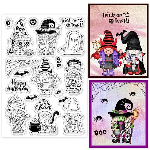 INFUNLY Gnomes Stamps Happy Halloween Transparente Stempel Für Die Kartenherstellung Skelett Transparente Stempel Spinnennetz Fledermäuse Gummistempel Für DIY Scrapbooking Kürbisstempel Zum Basteln