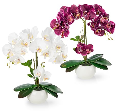 PASCH® Set med 2 Konstgjorda Orkidéer i Högglansiga Keramiska Krukor (40 cm)