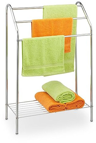 Relaxdays Portasciugamani da Terra 3 Bracci e Ripiano, Piantana Bagno Asciugamani, 83,5x57,5x25,5 cm, Acciaio, Argentato