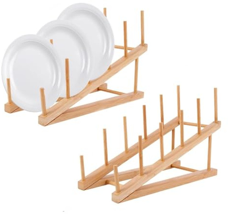 LATRAT Lot de 2 supports à vaisselle en bois de bambou, support de couvercle de casserole, support de séchage de vaisselle, organisateur d'armoire de cuisine, pour tasse, planche à découper, bol,