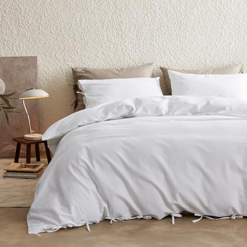 Simple&Opulence Ensemble de Couverture de Lin Double, Linge de Lit Doux Melange de Lin et de Coton, Couverture de Lit Élégante à Broderie, Qualité de Luxe Hôtel (Blanc, 200x200 cm)
