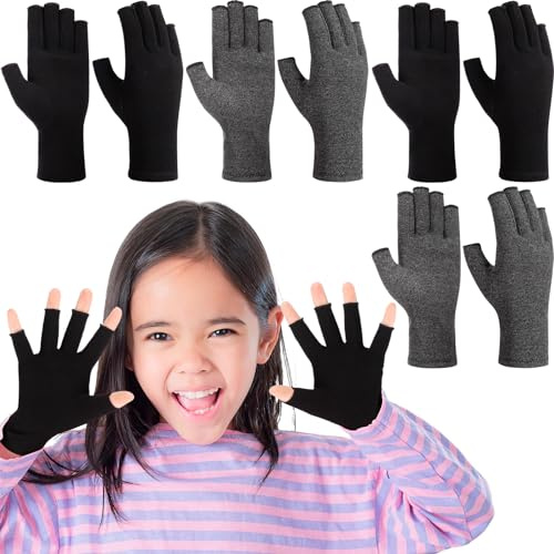 Panitay Lot de 4 paires de gants de compression sans doigts pour enfants pour l'arthrite du canal carpien, noir/gris, 5-8 ans