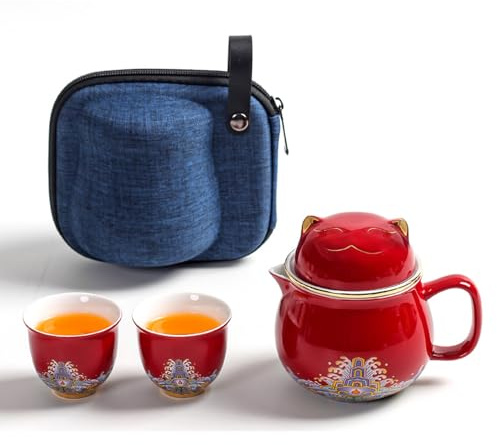 DEARART Hermosa taza de té con infusor de filtro y tapa de cerámica de 2 tazas, set de taza de té de diseño lindo rojo de 300ml, fácil limpieza de la oficina de viajes en el hogar.