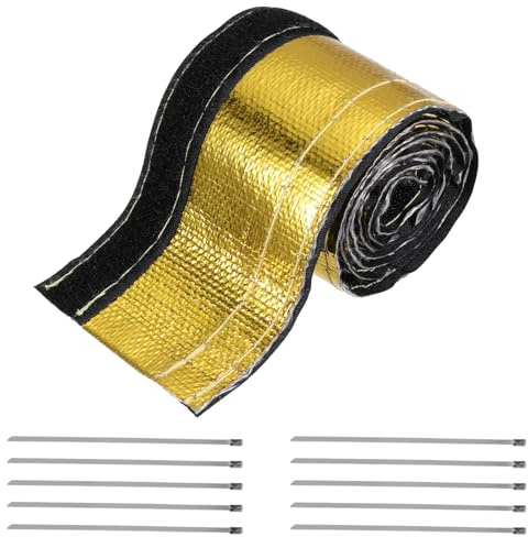MECCANIXITY Manicotto per guaina termica, in oro alluminizzato, diametro interno 12 mm, diametro interno 100 cm, per tubo flessibile, protezione dal calore con gancio e anello, 10 fascette in acciaio