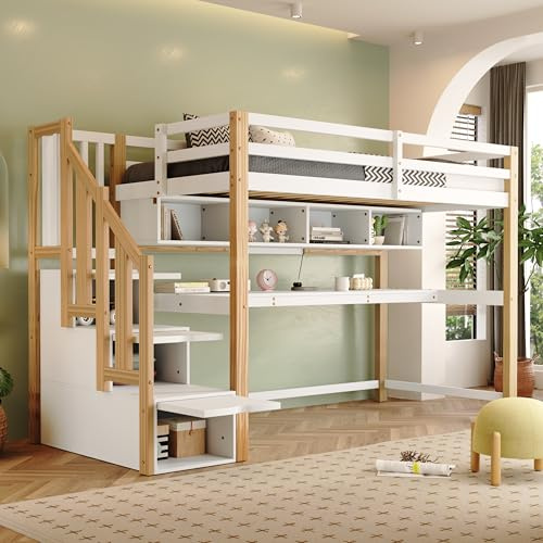 Sapgaks Lit superposé Enfant 90 x 200 avec Bureau et étagères,lit cabane Enfants 90 x 200,lit Mezzanine 1 Places avec Barriere,avec escalier de Rangement,Bois Massif + MDF