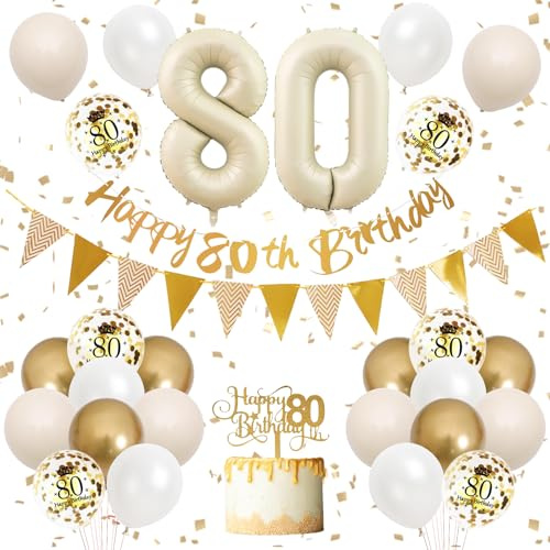 80th Birthday Decorations Sand White Gold,Happy 80th Banner with Cake Toppers,Confetti Balloons,Beige Number 80 Balloons for Women Men Birthday Party