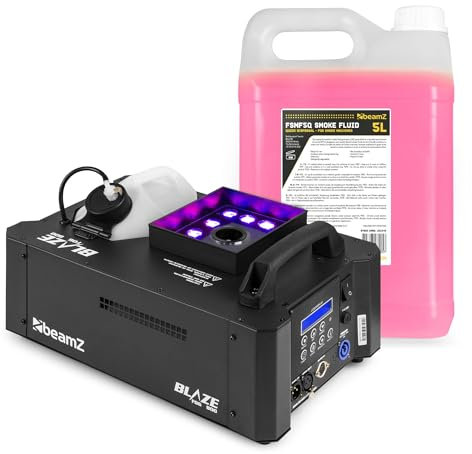 Beamz BLAZE800 - Máquina de Humo Profesional 800W con Efecto CO2, 12 LED RGBW, Salida Vertical y Horizontal, DMX, Control Remoto inalámbrico y cableado, 5L líquido Incluido, depósito 2800ml