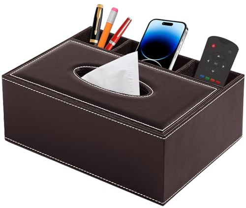 PU Leder Kosmetiktücher Rechteckig Taschentücher Box Organisator Tissue Box mit Fernbedienung Aufbewahrungsbox Serviettenhalter Schreibtisch Aufbewahrungsbox,Braun