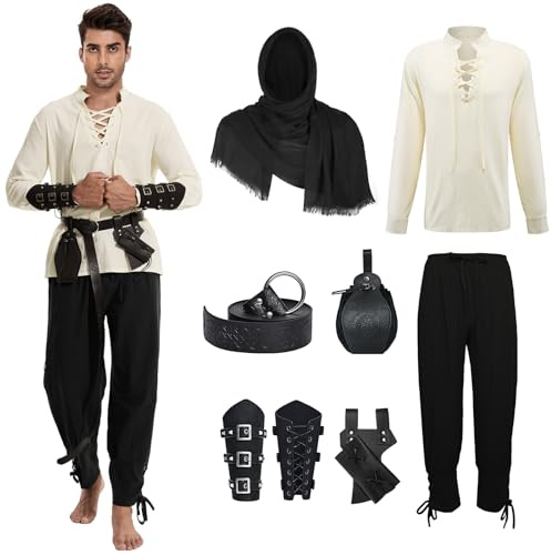AJGEGJE Mittelalter Kleidung Herren, 7 Stück Herren Renaissance Kostüm Set | Mittelalter Viking Kostüm mit Piratenhemd Lang Hose Gürtel Handgelenkgurt