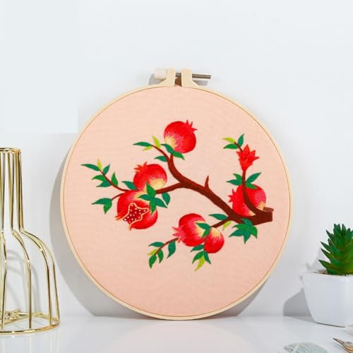 N.LANSHAN Embroidery Kit Stanznadel-Set Mit Granatapfelfruchtmotiv，Fantasie-Baumzweige，3D-Stickerei-Starter-Set Mit Anleitung，Stickrahmen，Fäden Und Werkzeugen 30x30cm