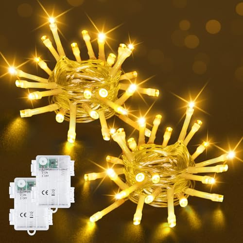 Lichterkette Außen Batterie, 2x2M Warmweiß Weihnachtsbeleuchtung mit Timer | 20 LED Lichterkette Weihnachtsbaum, IP65 Wasserdicht Lichterkette Weihnachten für Innen Zimmer Garten Hochzeit Party Balkon