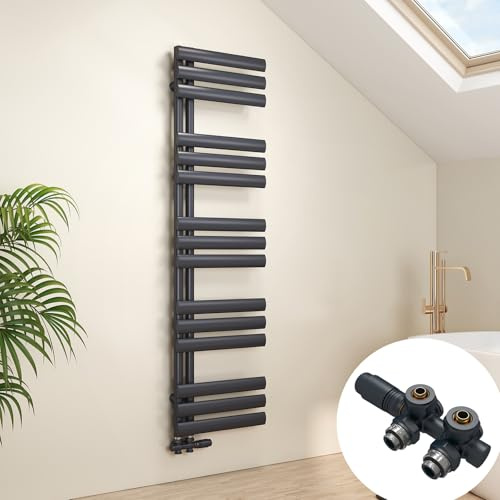 EMKE Ovaler Badheizkörper mit Multiblock 1430x400 mm, Handtuchheizkörper mit Seitenanschluss, Handtuchtrockner & Handtuch Heizkörper Bad in Anthrazit 510W