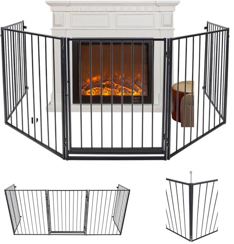 FIVMEN Barrière de protection de cheminée, avec porte, 305 cm, en métal, pour enfants, animaux domestiques, avec 5 éléments