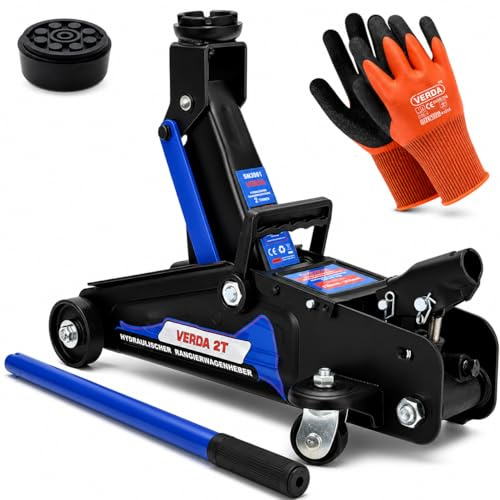 Verda Cric idraulico 2T – Altezza di sollevamento 140–310 mm, con tampone in gomma, guanti da lavoro, profilo ribassato, professionale, cric a carrello per auto, officina, camper