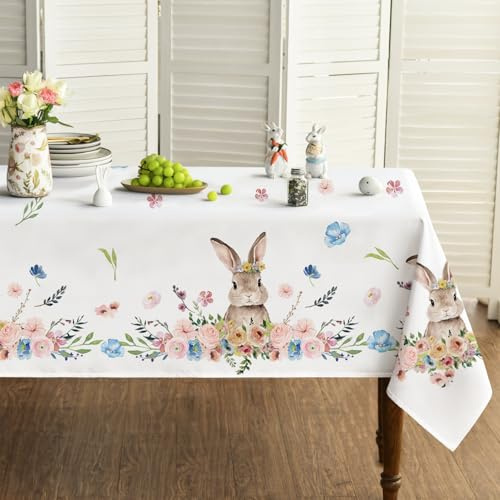Artoid Mode Tovaglia pasquale a forma di coniglio con fiori, 140 x 220 cm, stagionale, per primavera, antimacchia, biancheria da tavolo, cucina, decorazione per feste