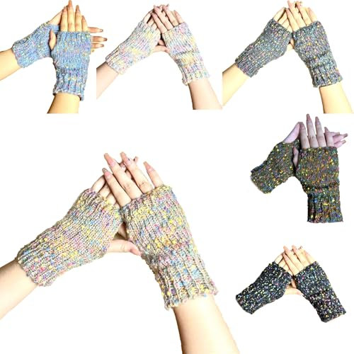 SMTCM 1/2 Paar Fingerlose Handschuhe Damen Gestrickt Bunte mini Pompons Winterhandschuhe Ohne Finger Kurz Pulswärmer Armstulpen Halb Handstulpen Fäustlinge Warme Strickhandschuhe für Tippen Fahren