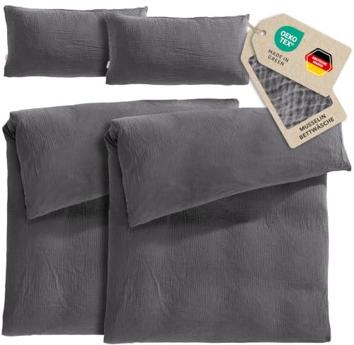 Pure Label Musselin Bettwäsche 4tlg 2x135x200+2x40x80 - Anthrazit | Traumhaft weiche, kuschelige Bettwäsche-Sets aus Musselin - 40° Waschbar