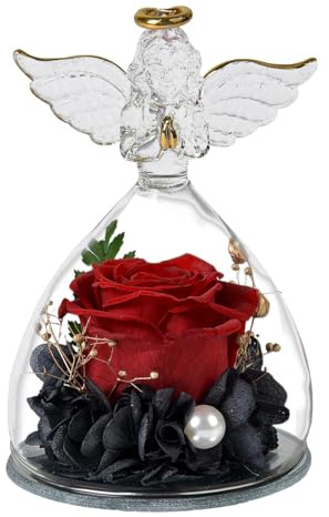 Angelo Con Rosa Stabilizzata - Splendida Statuetta Di Angelo Con Rosa Fresca Stabilizzata, Regalo Senza Per Occasioni Speciali | Decorazione Per La Casa, Ricordo Per I Propri Cari, Ro