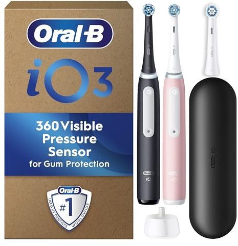 Oral-B iO3 Electric Toothbrush Dual Pack, Pink and Black, 3 Toothbrush Heads, 1 Travel Case, Designed by Braun
