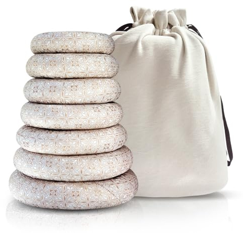 UPCEED 7 Pcs Singing Bowl Cushion Set for 6-12 Tibetan Singing Bowls, Handmade Silk Brocade Fabric Round Cushion Pillow for Folk World Percussion Meditation and Crystal Sound Bowls(Silver)