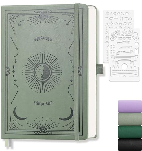Notizbuch A5 Dotted, 100g/m² Papier, 192 Seiten, PU Hardcover, 14,5 x 21cm | Bullet Journal, Kein Ausbluten, 180°flach, Innentasch, für Frauen und Männer, Arbeit, Schule, Reise journal, Geschenk, Grün
