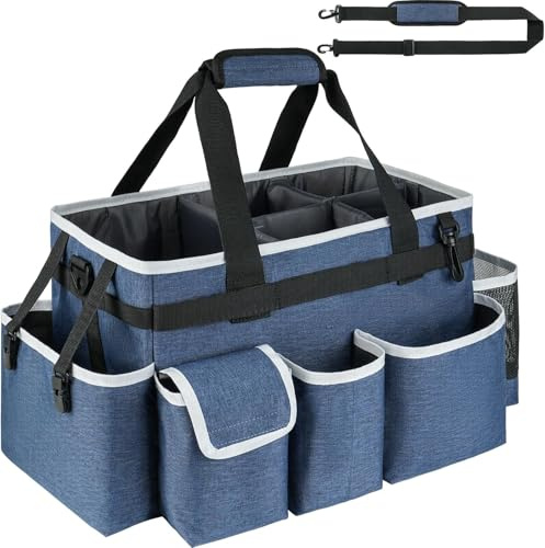 Cleaning Caddy with Handle,Cleaning Organiser,Multifunctional Cleaners Bag with Detachable Thick Dividers,Adjustable Waist Belt,Shoulder Straps for Cleaning Supplies,Home,Car,Garden,Large,Blue