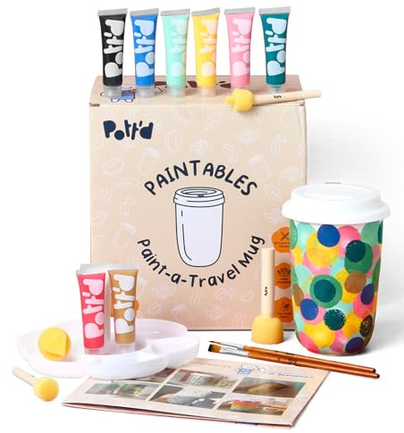 Pott’d Paintables Kit para Pintar una Taza de Viaje, Kit de Pintar Cerámica para Adultos con Taza, Pinturas, Pinceles, Esponjas, Paleta y Guía - Ideal para Manualidades Adultos y Principiantes