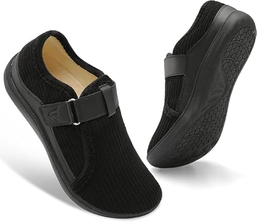 JIASUQI Slippers for Womens Wide Adjustable House Shoes Indoor Outdoor Barefoot Ladies Slippers Swollen Edema Diabetic Slippers(Black 38,Size 4)