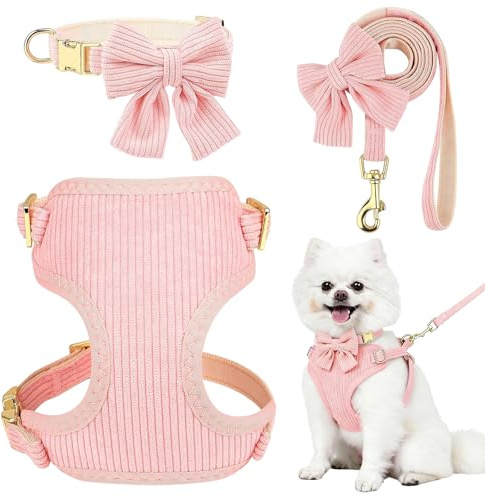 Small Dog Collar Harness and Leash Set, Dog Harness no Pull with Bowtie, Breathable Cotton Adjustable Pet Puppy Harness, Easy Walk Dog Harness, M(16-21)