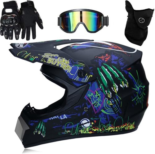Professional Motocross Helmet for Kids & Adults – Off Road Motorcycle Helmet with Goggles, Gloves & Face Cover, Lightweight ATV Dirt Bike Helmet Set (XL (61-62cm))