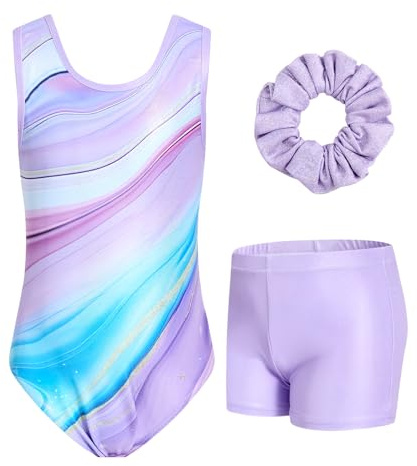 JiAmy - Ensemble de justaucorps de gymnastique pour filles avec shorts, 3 pièces - Tenue athlétique pour enfants - Vêtement de ballet sans manches pour enfants de 3 à 12 ans, 8-9 ans