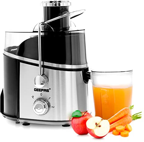 Geepas 600W Juice Extractor | Centrifugal Juicer with Stainless Steel Body & Extra Filter Basket | 75MM Wide Mouth | Ideal for Apple, Carrot, Pear & Orange – 2 Year Warranty (Renewed)