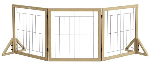 PawHut Cancellino per Cani Pieghevole, Cancelletto di Sicurezza per Animali e Cuccioli con 3 Pannelli e Piedini Triangolari, 210x70 cm, Legno Naturale