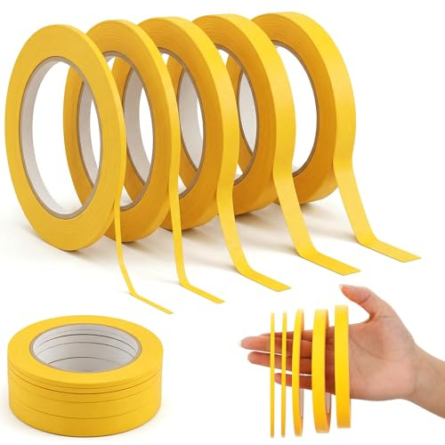 JJUNW 5 Rollen Masking Tape, 3/5/10/12mmx50m Selbstklebendes Feinlinienband | Thin Kreppband Malerkrepp Kreppband Abklebeband für Aquarell Abdeckband Painting Art Maskierband Dekoration(Gelb)