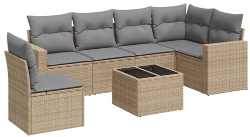 GeenYuu 7-TLG. Garten-Sofagarnitur Beige aus Poly Rattan mit Kissen, wetterfestes Lounge-Set für Terrasse, Balkon und Garten, inkl. Tisch, Sitzgruppe mit Polstern, modulare Essgruppe für Outdoor