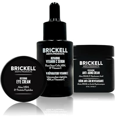 Brickell Men's Advanced Anti-Aging Routine, Night Face Cream, Vitamin C Facial Serum and Eye Cream, Natural and Organic, Scented