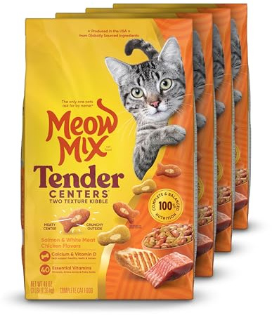 Meow Mix Tender Centers Dry Cat Food, Salmon & White Meat Chicken Flavors, 3 Pound Bag (Case of 4)